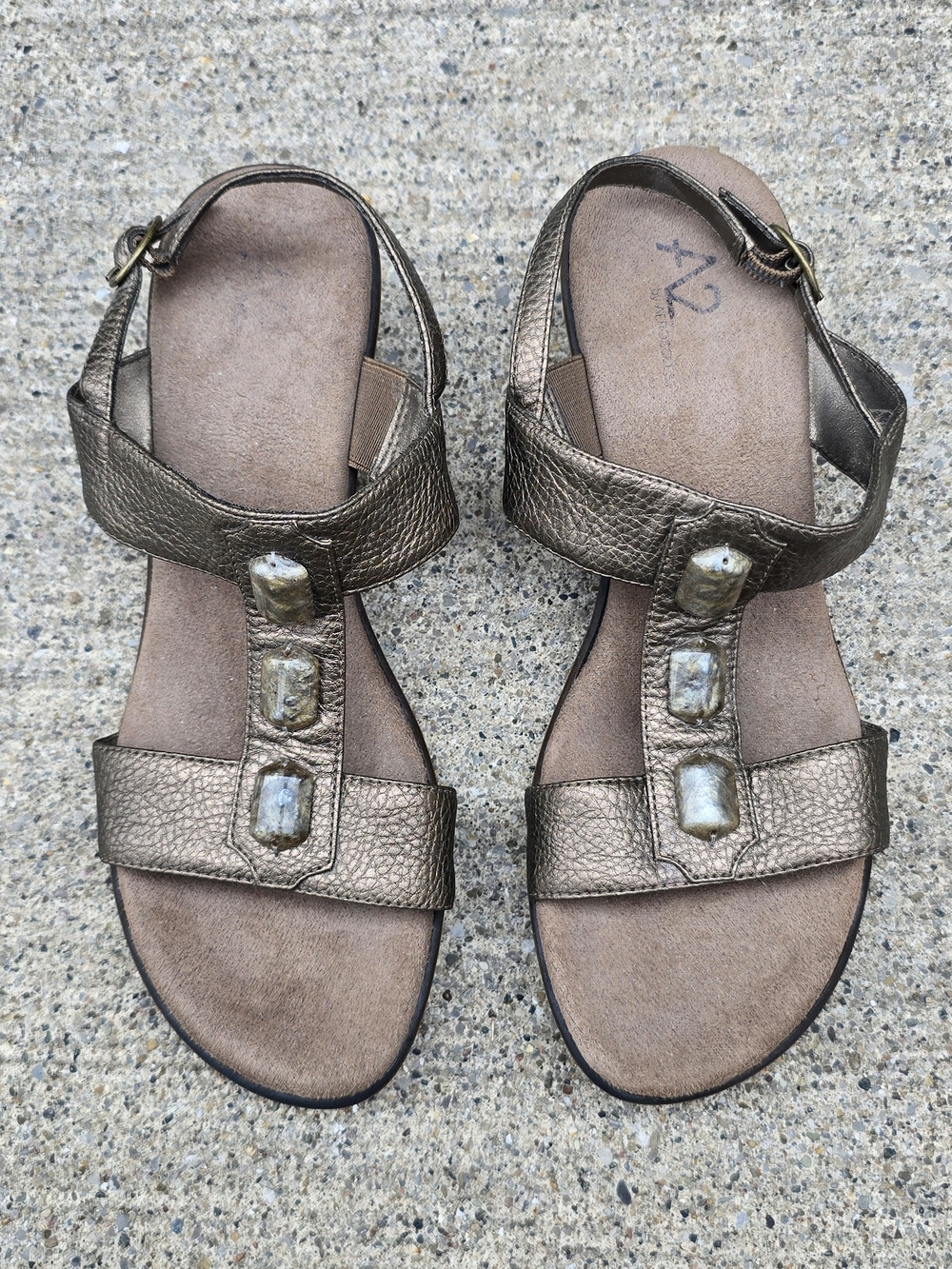 Metallic Bronze Leather T-Strap Sandals with Decorative Gems - Size 8